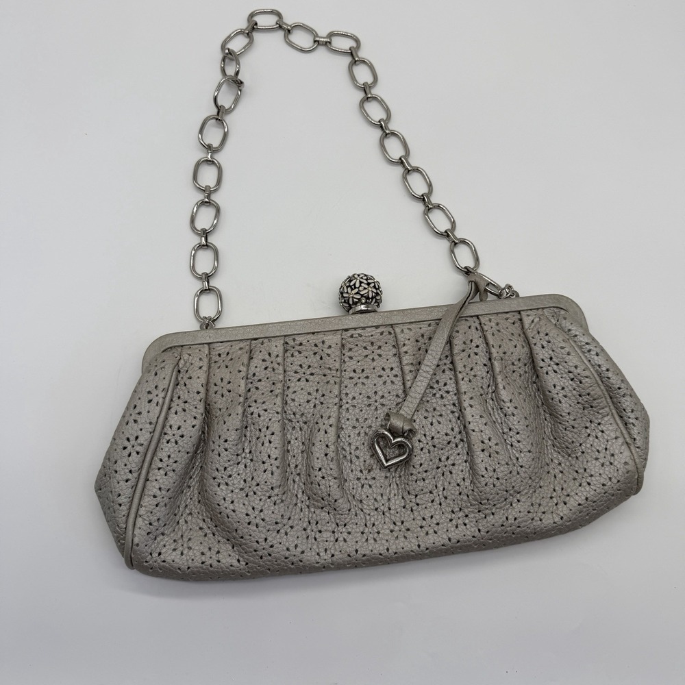 Vintage Brighton Leather Clutch Bag Purse Silver Tone Heart Charm Ball Kiss Lock